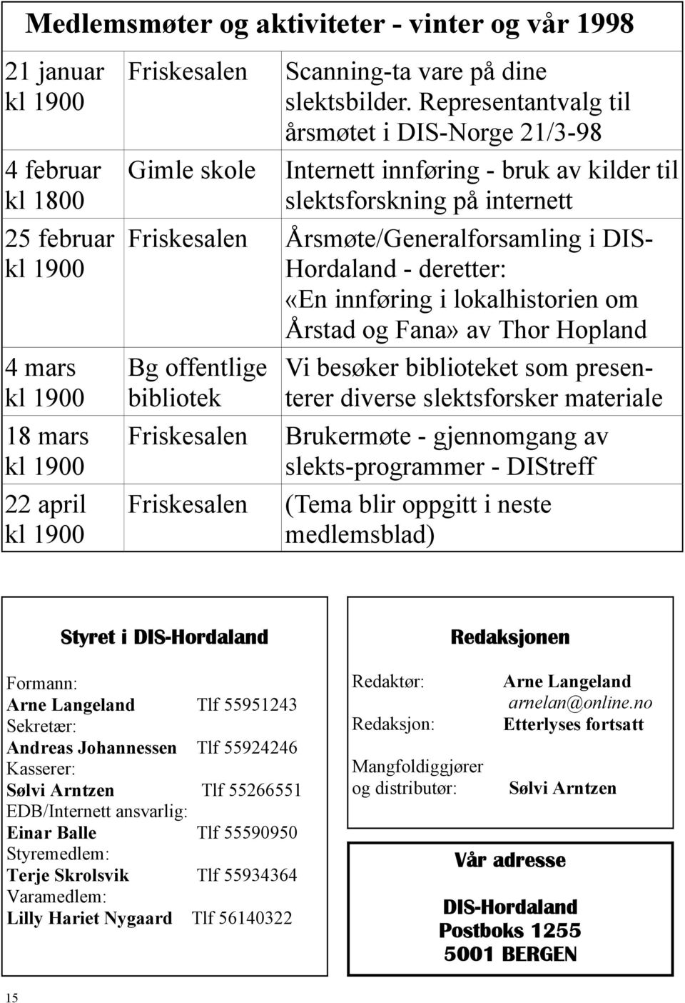 Representantvalg til årsmøtet i DIS-Norge 21/3-98 Internett innføring - bruk av kilder til slektsforskning på internett Årsmøte/Generalforsamling i DIS- Hordaland - deretter: «En innføring i