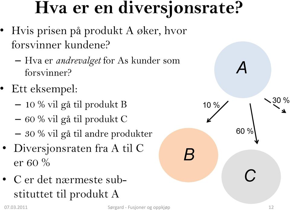 Ett eksempel: 10 % vil gå til produkt B 60 % vil gå til produkt C 30 % vil gå til andre