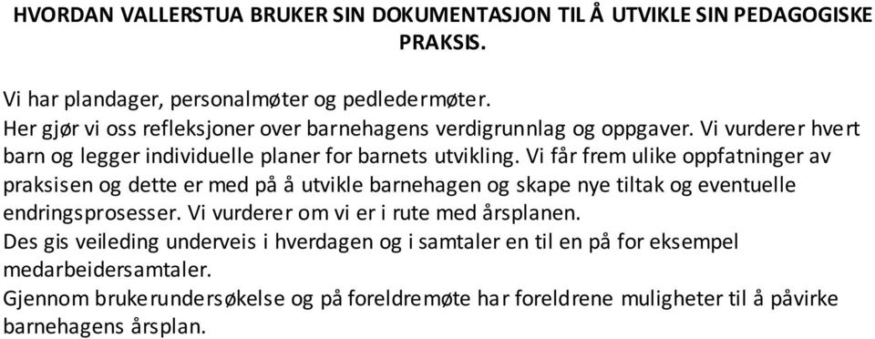 Vi får frem ulike oppfatninger av praksisen og dette er med på å utvikle barnehagen og skape nye tiltak og eventuelle endringsprosesser.