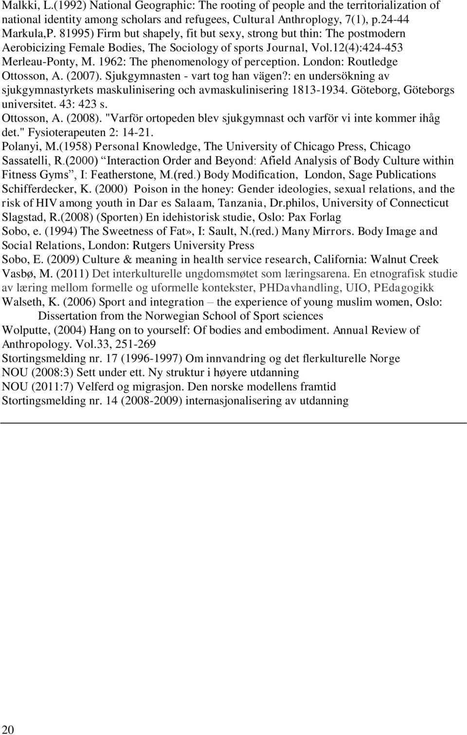 1962: The phenomenology of perception. London: Routledge Ottosson, A. (2007). Sjukgymnasten - vart tog han vägen?: en undersökning av sjukgymnastyrkets maskulinisering och avmaskulinisering 1813-1934.