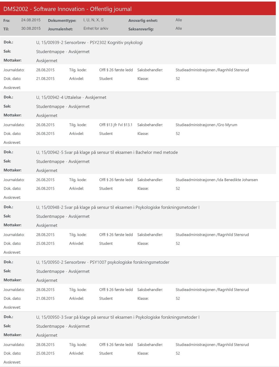 Johansen, 15/00948-2 Svar på klage på sensur til eksamen i Psykologiske forskningsmetoder I, 15/00950-2 Sensorbrev -