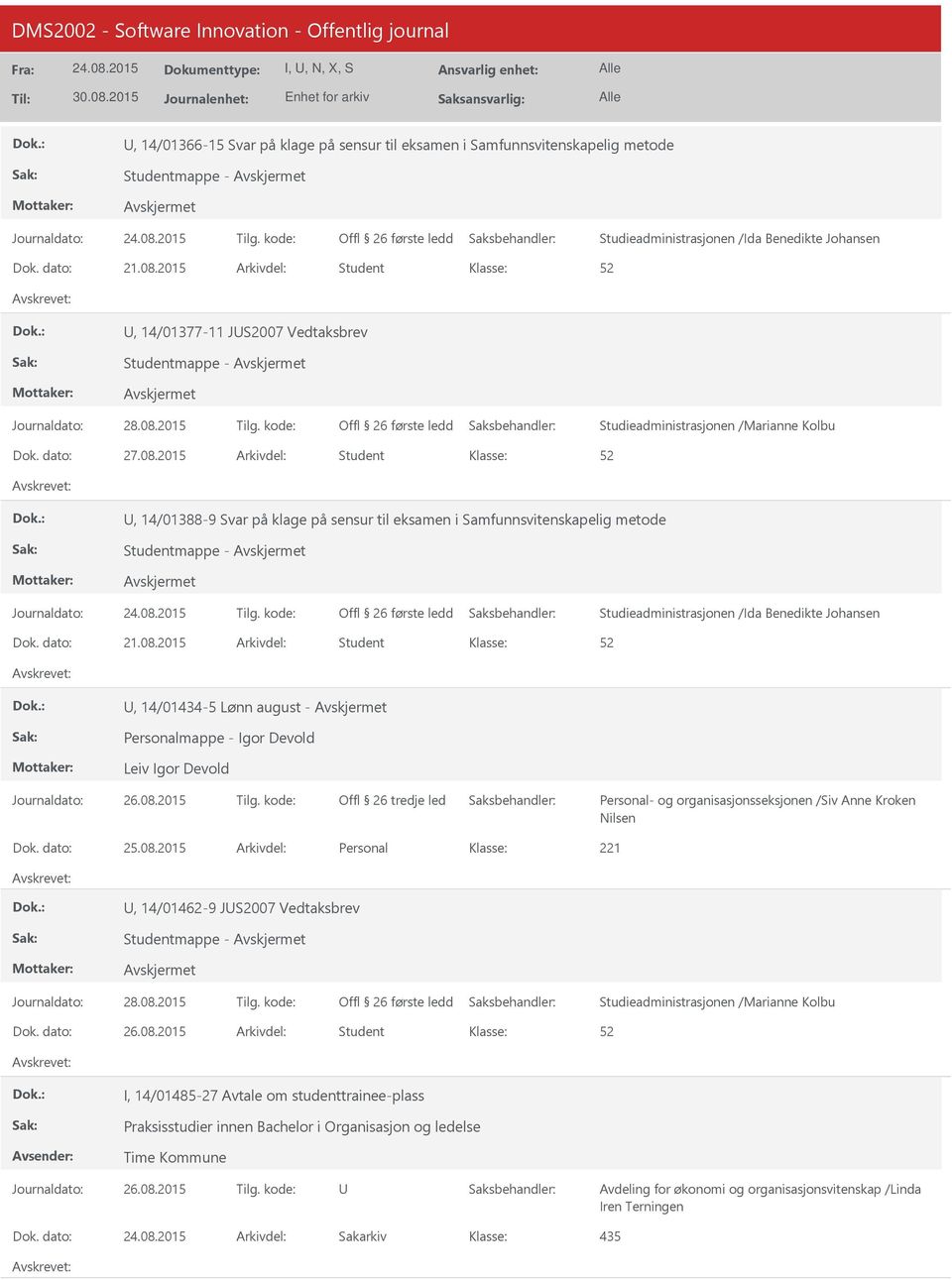 2015 Arkivdel: Student, 14/01388-9 Svar på klage på sensur til eksamen i Samfunnsvitenskapelig metode Studieadministrasjonen /Ida Benedikte Johansen, 14/01434-5 Lønn august - Personalmappe - Igor