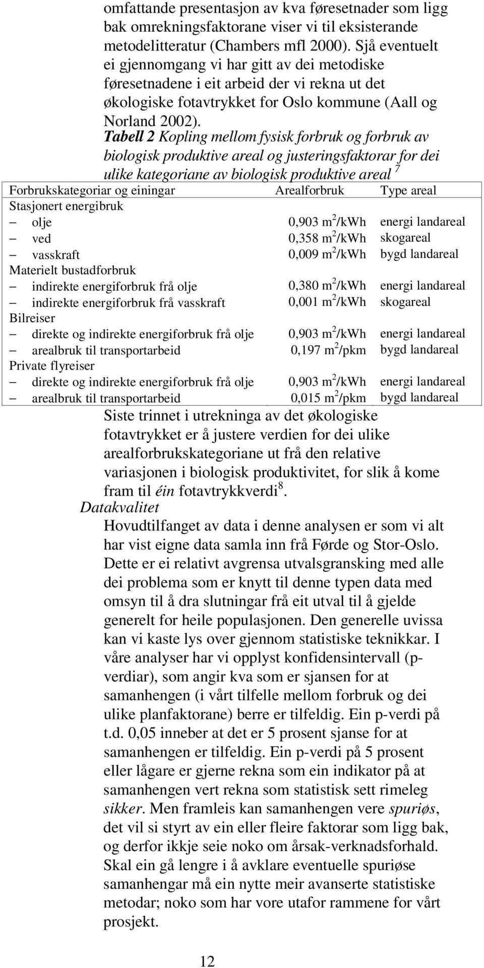 Tabell 2 Kopling mellom fysisk forbruk og forbruk av biologisk produktive areal og justeringsfaktorar for dei ulike kategoriane av biologisk produktive areal 7 Forbrukskategoriar og einingar