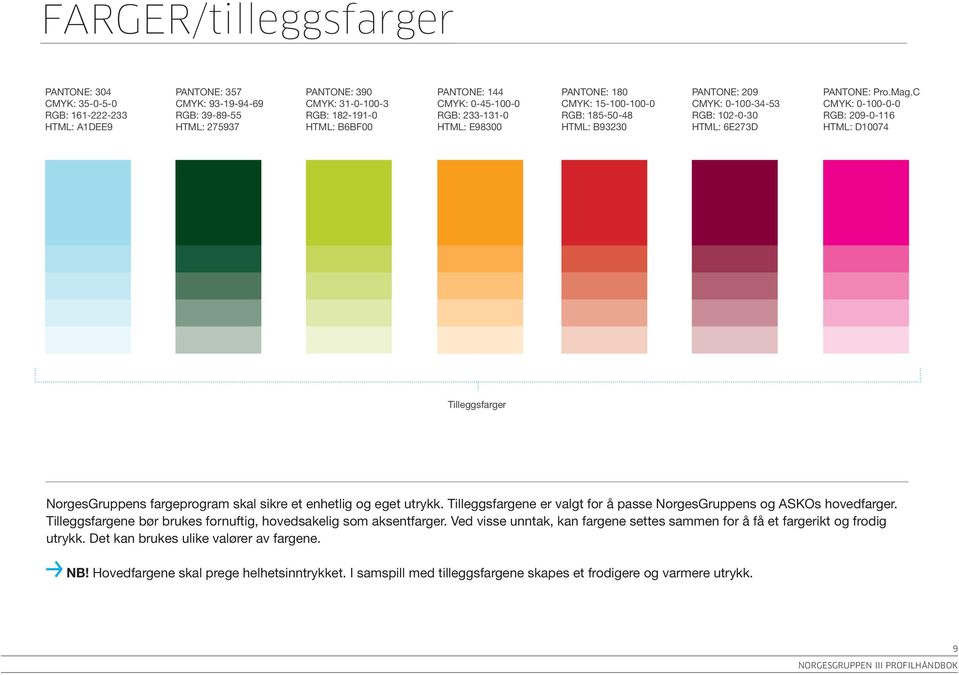 C CMYK: 0-100-0-0 RGB: 209-0-116 Html: D10074 Tilleggsfarger NorgesGruppens fargeprogram skal sikre et enhetlig og eget utrykk.