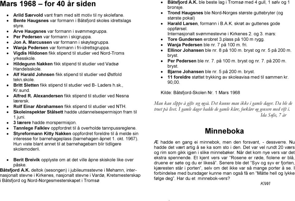 Hildegunn Nakken fikk stipend til studier ved Vadsø Handelsskole. Alf Harald Johnsen fikk stipend til studier ved Østfold tekn.skole. Britt Sletten fikk stipend til studier ved B- Laders h.sk., Kr.