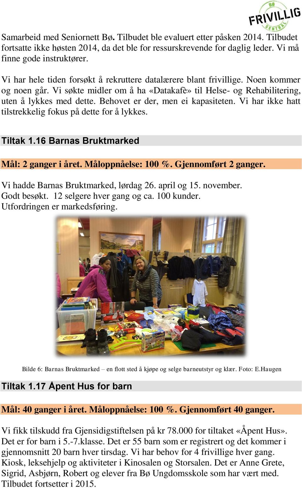 Behovet er der, men ei kapasiteten. Vi har ikke hatt tilstrekkelig fokus på dette for å lykkes. Tiltak 1.16 Barnas Bruktmarked Mål: 2 ganger i året. Måloppnåelse: 100 %. Gjennomført 2 ganger.