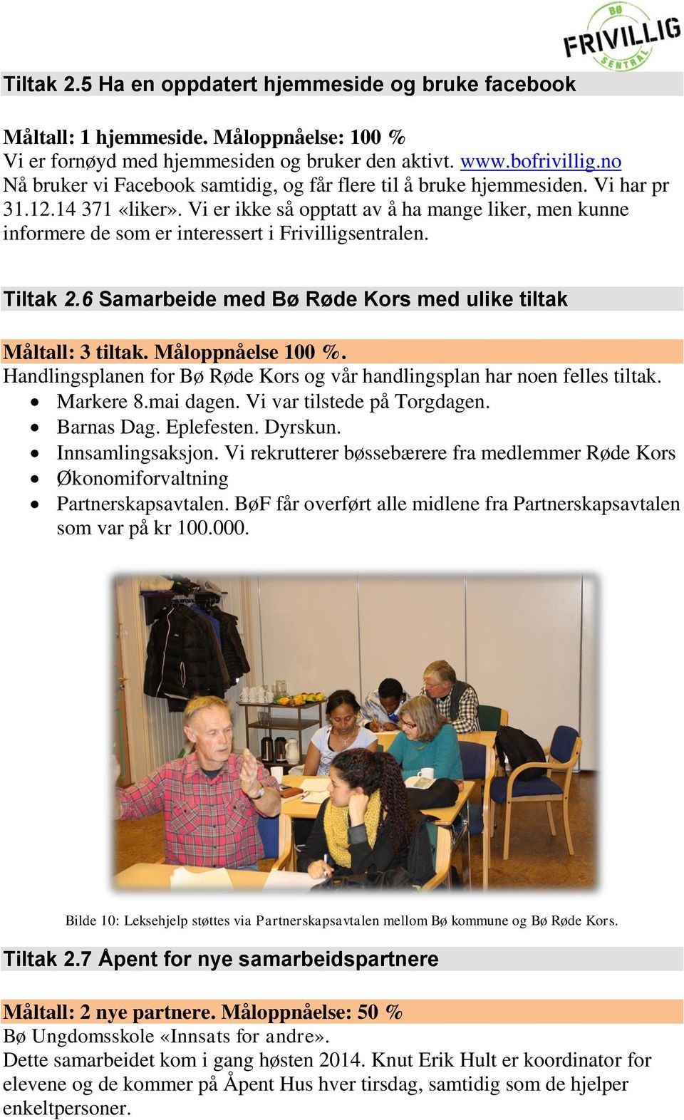 Vi er ikke så opptatt av å ha mange liker, men kunne informere de som er interessert i Frivilligsentralen. Tiltak 2.6 Samarbeide med Bø Røde Kors med ulike tiltak Måltall: 3 tiltak.