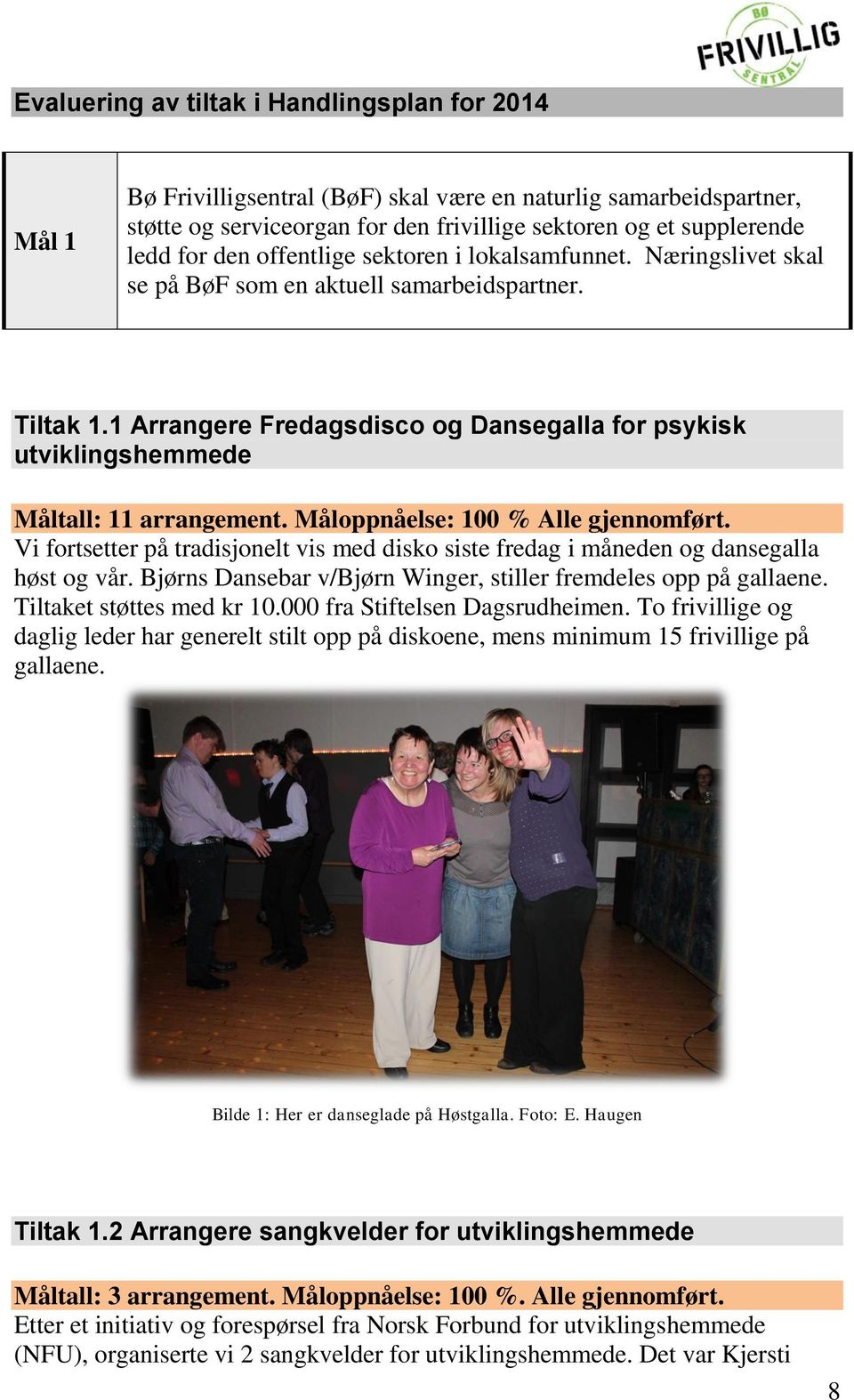 1 Arrangere Fredagsdisco og Dansegalla for psykisk utviklingshemmede Måltall: 11 arrangement. Måloppnåelse: 100 % Alle gjennomført.