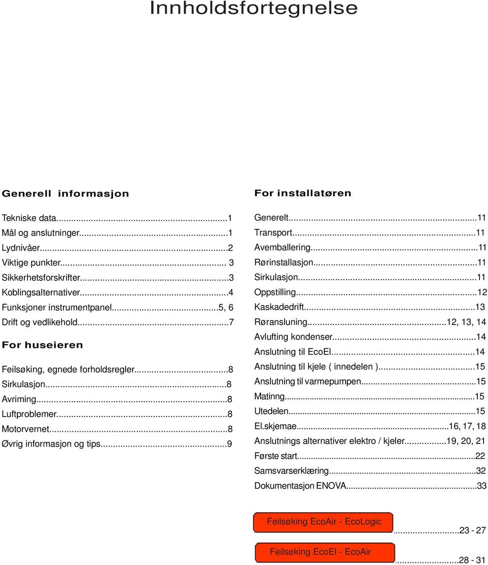 ..9 For installatøren Generelt...11 Transport...11 Avemballering...11 Rørinstallasjon...11 Sirkulasjon...11 Oppstilling...12 Kaskadedrift...13 Røransluning...12, 13, 14 Avlufting kondenser.