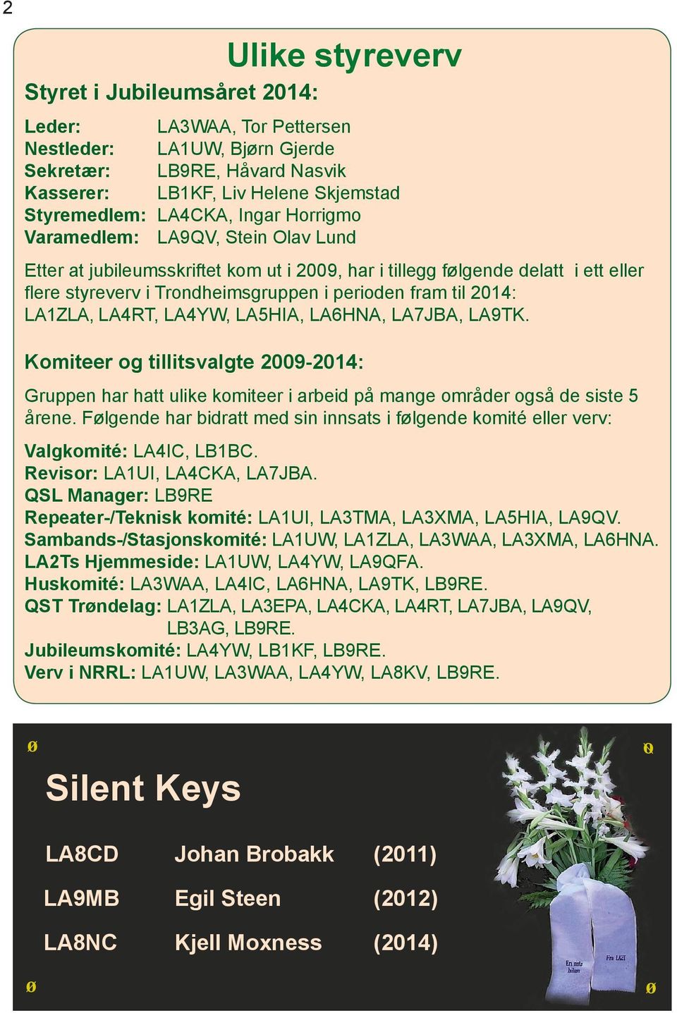 LA1ZLA, LA4RT, LA4YW, LA5HIA, LA6HNA, LA7JBA, LA9TK. Komiteer og tillitsvalgte 2009-2014: Gruppen har hatt ulike komiteer i arbeid på mange områder også de siste 5 årene.