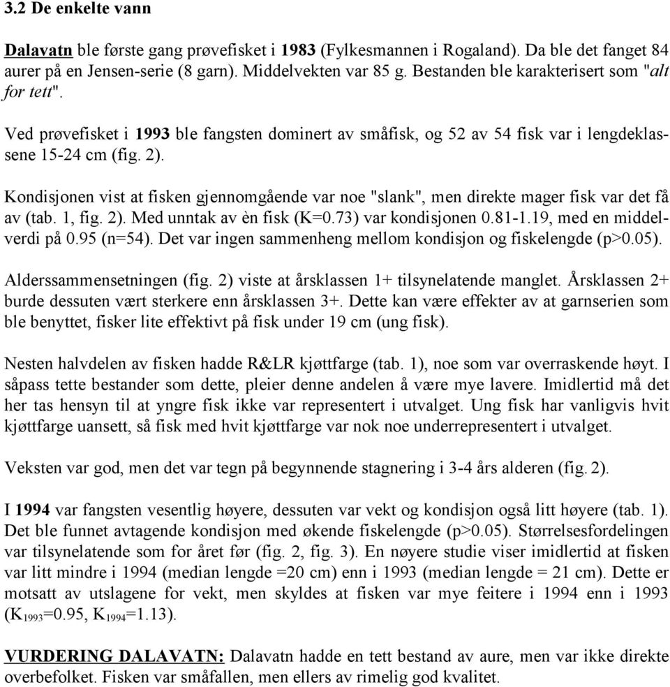 en vist at fisken gjennomgående var noe "slank", men direkte mager fisk var det få av (tab. 1, fig. 2). Med unntak av èn fisk (K=.73) var kondisjonen.81-1.19, med en middelverdi på.9 (n=4).