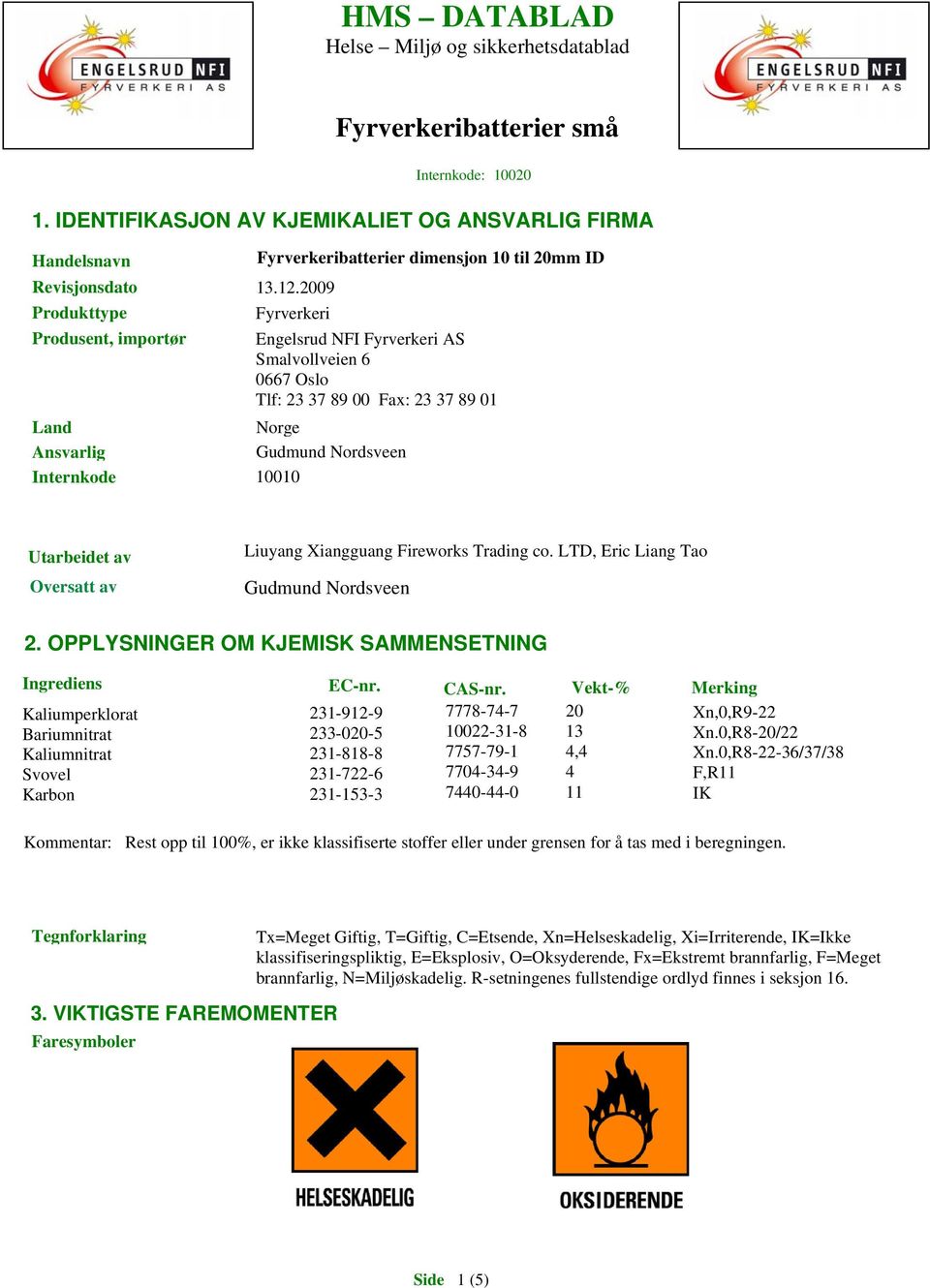 Utarbeidet av Oversatt av Liuyang Xiangguang Fireworks Trading co. LTD, Eric Liang Tao Gudmund Nordsveen 2. OPPLYSNINGER OM KJEMISK SAMMENSETNING Ingrediens EC-nr. CAS-nr.