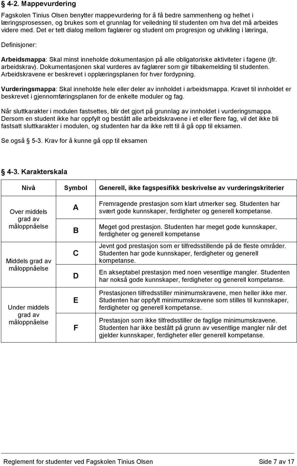 Det er tett dialog mellom faglærer og student om progresjon og utvikling i læringa, Definisjoner: Arbeidsmappa: Skal minst inneholde dokumentasjon på alle obligatoriske aktiviteter i fagene (jfr.