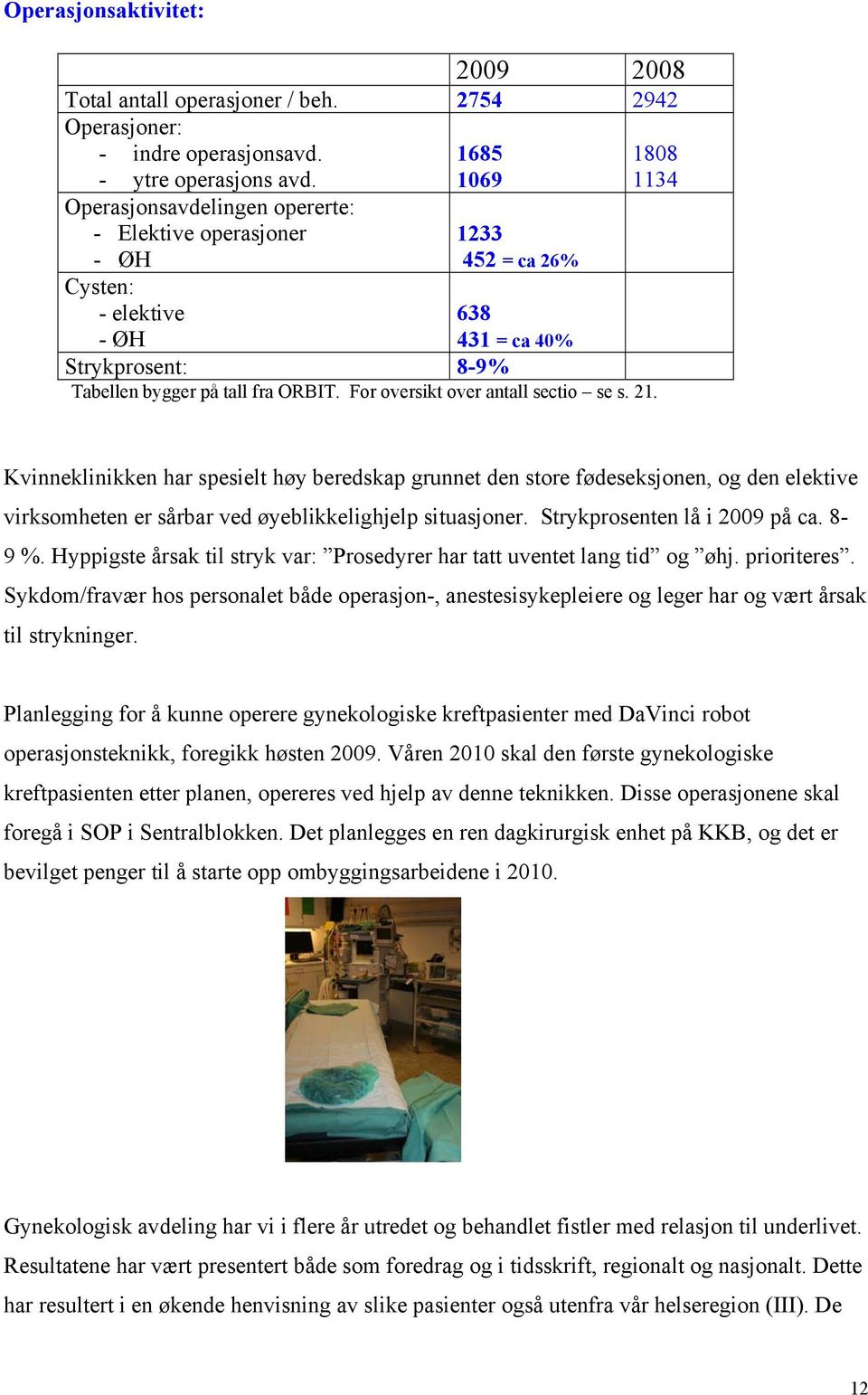 For oversikt over antall sectio se s. 21. Kvinneklinikken har spesielt høy beredskap grunnet den store fødeseksjonen, og den elektive virksomheten er sårbar ved øyeblikkelighjelp situasjoner.