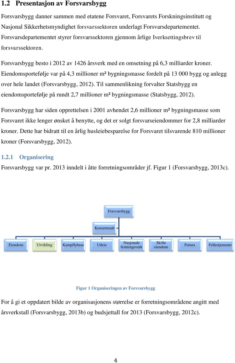 Eiendomsportefølje var på 4,3 millioner m² bygningsmasse fordelt på 13 000 bygg og anlegg over hele landet (Forsvarsbygg, 2012).