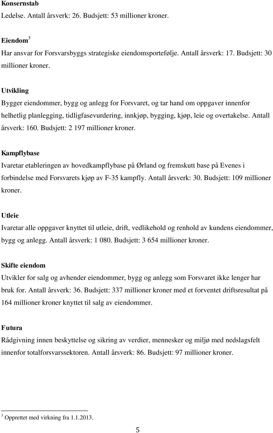 Antall årsverk: 160. Budsjett: 2 197 millioner kroner. Kampflybase Ivaretar etableringen av hovedkampflybase på Ørland og fremskutt base på Evenes i forbindelse med Forsvarets kjøp av F-35 kampfly.