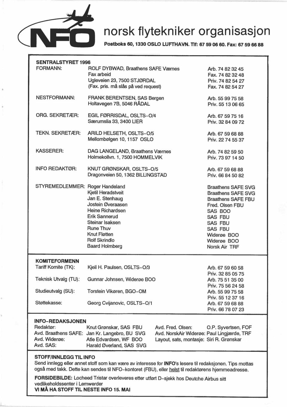 55 13 06 65 ORG. SEKRETER: EGL FØRRSDAL, OSLTS-014 Arb. 67 59 75 16 Særumslia 33,3400 LER Priv. 32 84 09 72 TEKN. SEKRETER: ARLD HELSETH, OSLTS-0/5 Arb. 67 59 68 88 Mellombølgen 10, 1157 OSLO Priv.