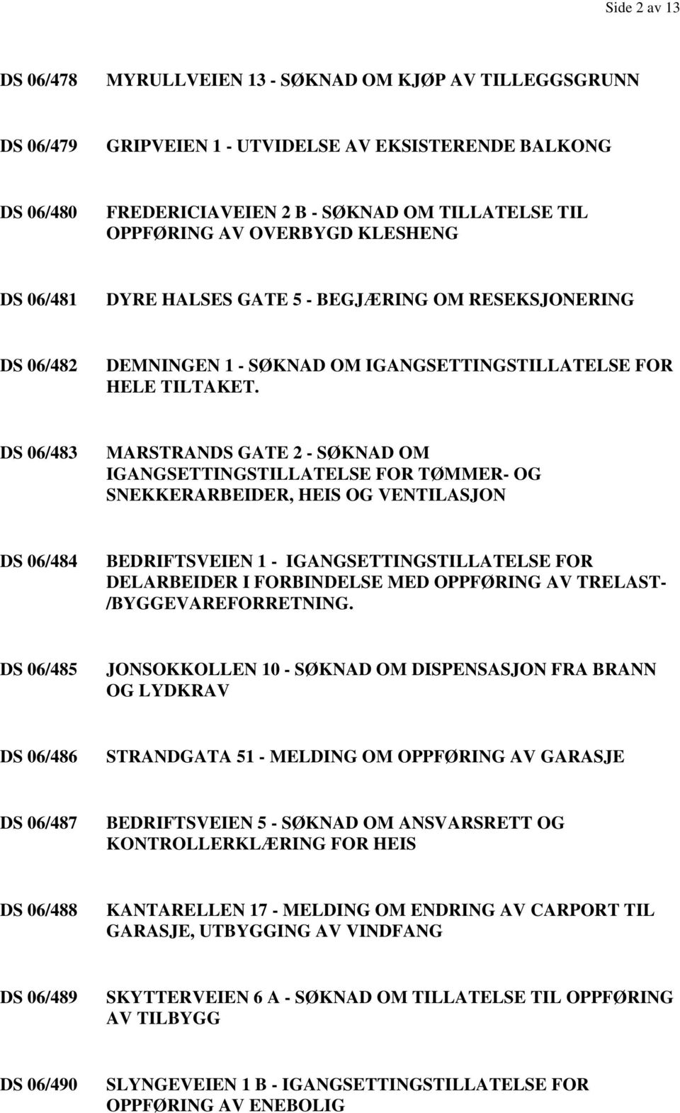 DS 06/483 MARSTRANDS GATE 2 - SØKNAD OM IGANGSETTINGSTILLATELSE FOR TØMMER- OG SNEKKERARBEIDER, HEIS OG VENTILASJON DS 06/484 BEDRIFTSVEIEN 1 - IGANGSETTINGSTILLATELSE FOR DELARBEIDER I FORBINDELSE