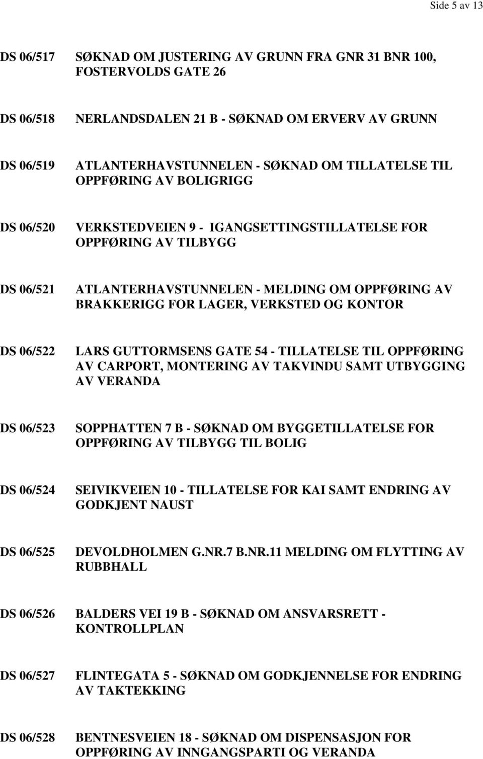 VERKSTED OG KONTOR DS 06/522 LARS GUTTORMSENS GATE 54 - TILLATELSE TIL OPPFØRING AV CARPORT, MONTERING AV TAKVINDU SAMT UTBYGGING AV VERANDA DS 06/523 SOPPHATTEN 7 B - SØKNAD OM BYGGETILLATELSE FOR