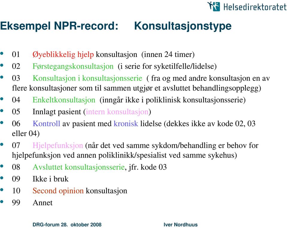 konsultasjonsserie) 05 Innlagt pasient (intern konsultasjon) 06 Kontroll av pasient med kronisk lidelse (dekkes ikke av kode 02, 03 eller 04) 07 Hjelpefunksjon (når det ved samme