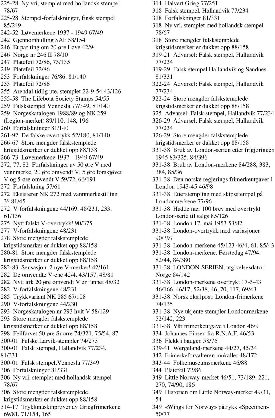 Lifeboat Society Stamps 54/55 259 Falskstempel Vennesla 77/349, 81/140 259 Norgeskatalogen 1988/89 og NK 259 (Legion-merket) 89/110, 148, 196 260 Forfalskninger 81/140 261-92 De falske overtrykk