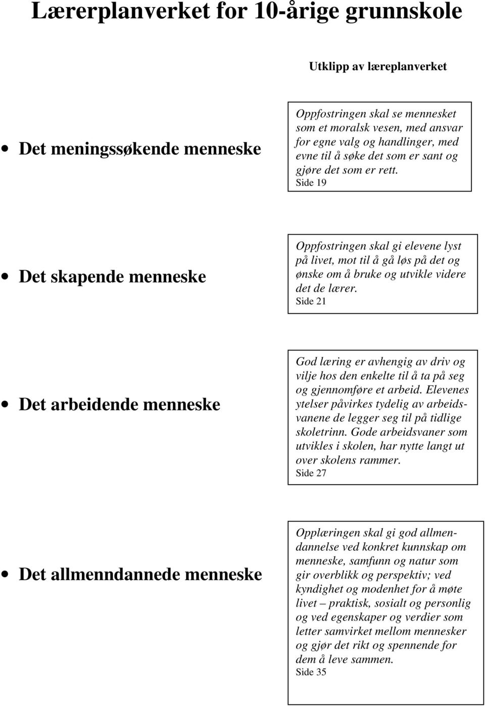 Side 19 Det skapende menneske Oppfostringen skal gi elevene lyst på livet, mot til å gå løs på det og ønske om å bruke og utvikle videre det de lærer.