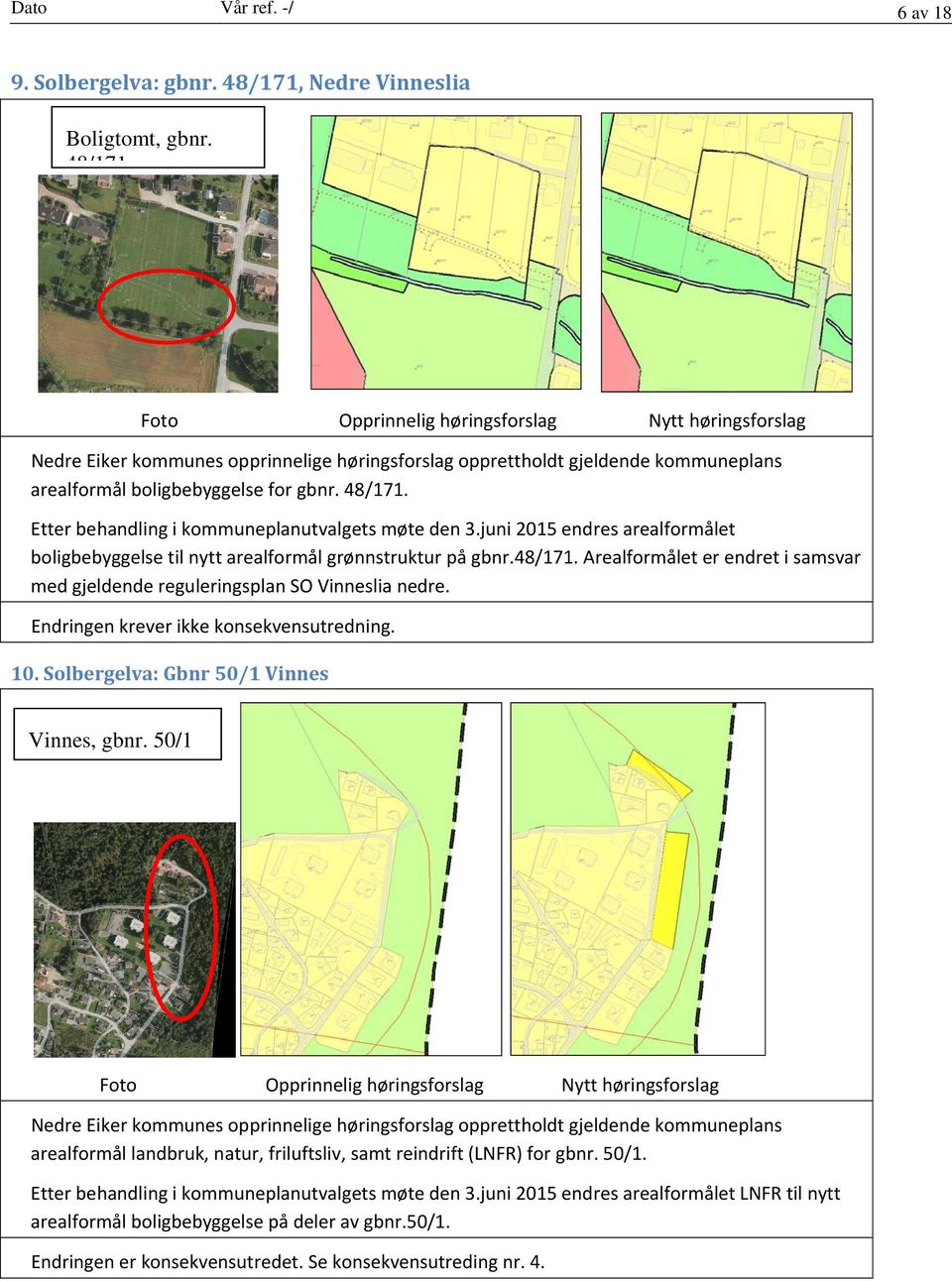 juni 2015 endres arealformålet boligbebyggelse til nytt arealformål grønnstruktur på gbnr.48/171. Arealformålet er endret i samsvar med gjeldende reguleringsplan SO Vinneslia nedre.