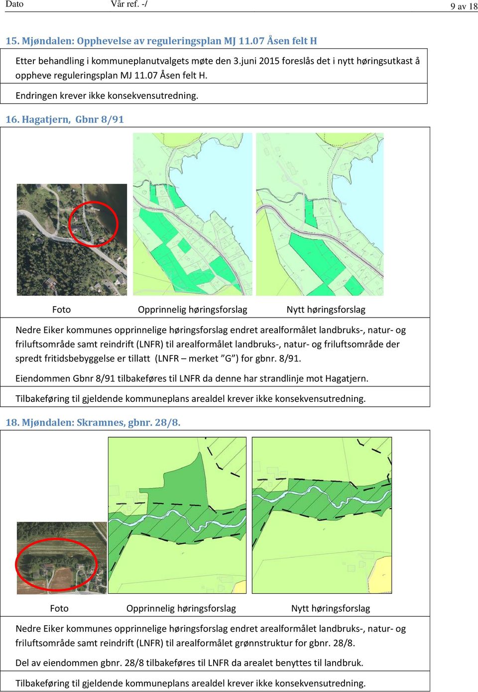 Hagatjern, Gbnr 8/91 Nedre Eiker kommunes opprinnelige høringsforslag endret arealformålet landbruks, natur og friluftsområde samt reindrift (LNFR) til arealformålet landbruks, natur og