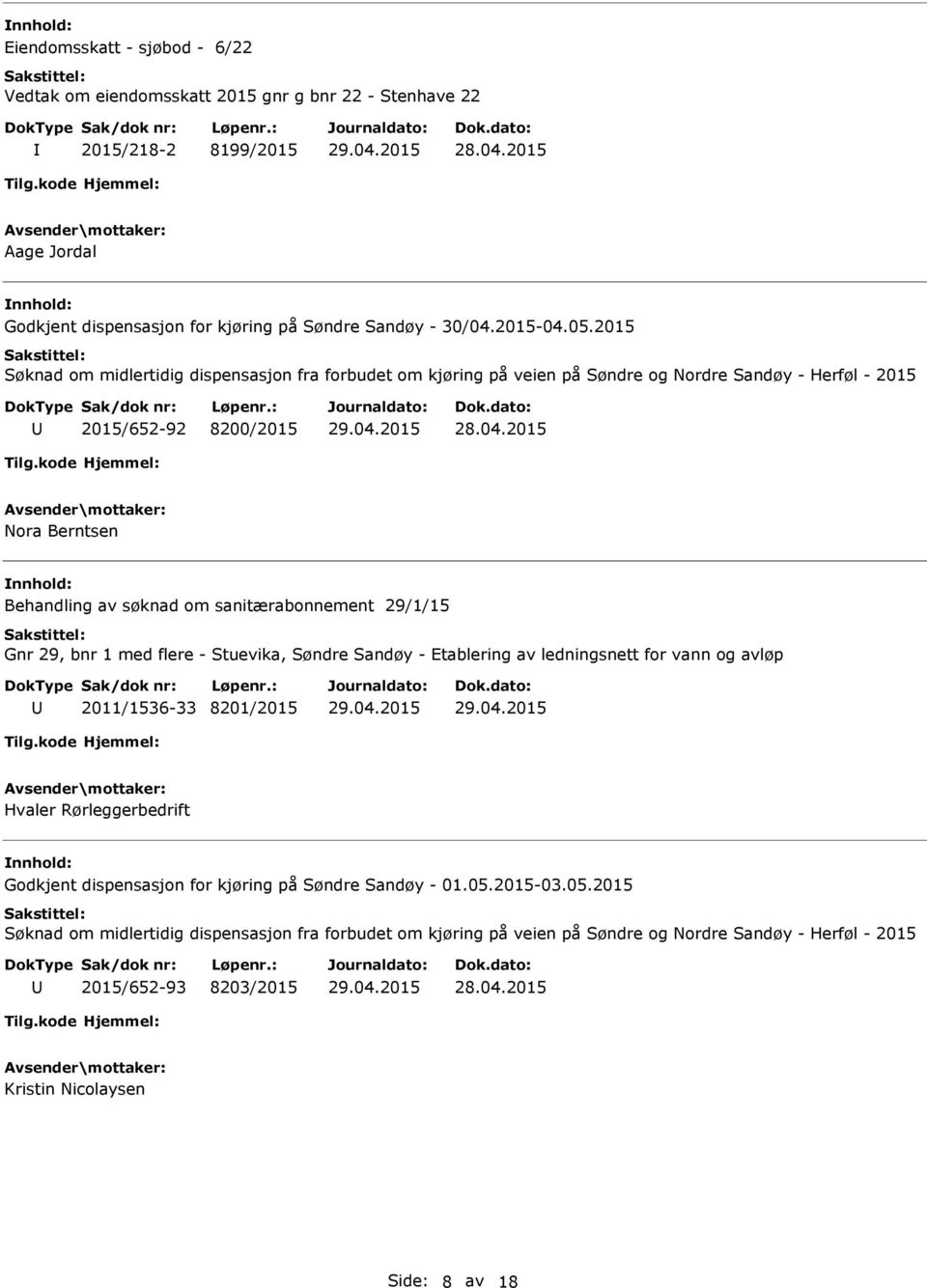 29/1/15 Gnr 29, bnr 1 med flere - Stuevika, Søndre Sandøy - Etablering av ledningsnett for vann og avløp 2011/1536-33 8201/2015 Hvaler Rørleggerbedrift Godkjent dispensasjon for kjøring på