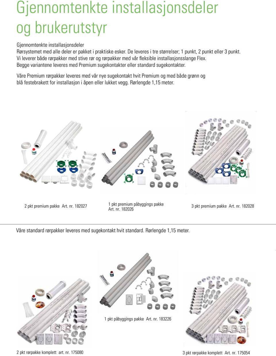Våre Premium rørpakker leveres med vår nye sugekontakt hvit Premium og med både grønn og blå festebrakett for installasjon i åpen eller lukket vegg. Rørlengde 1,15 meter. 2 pkt premium pakke Art. nr.