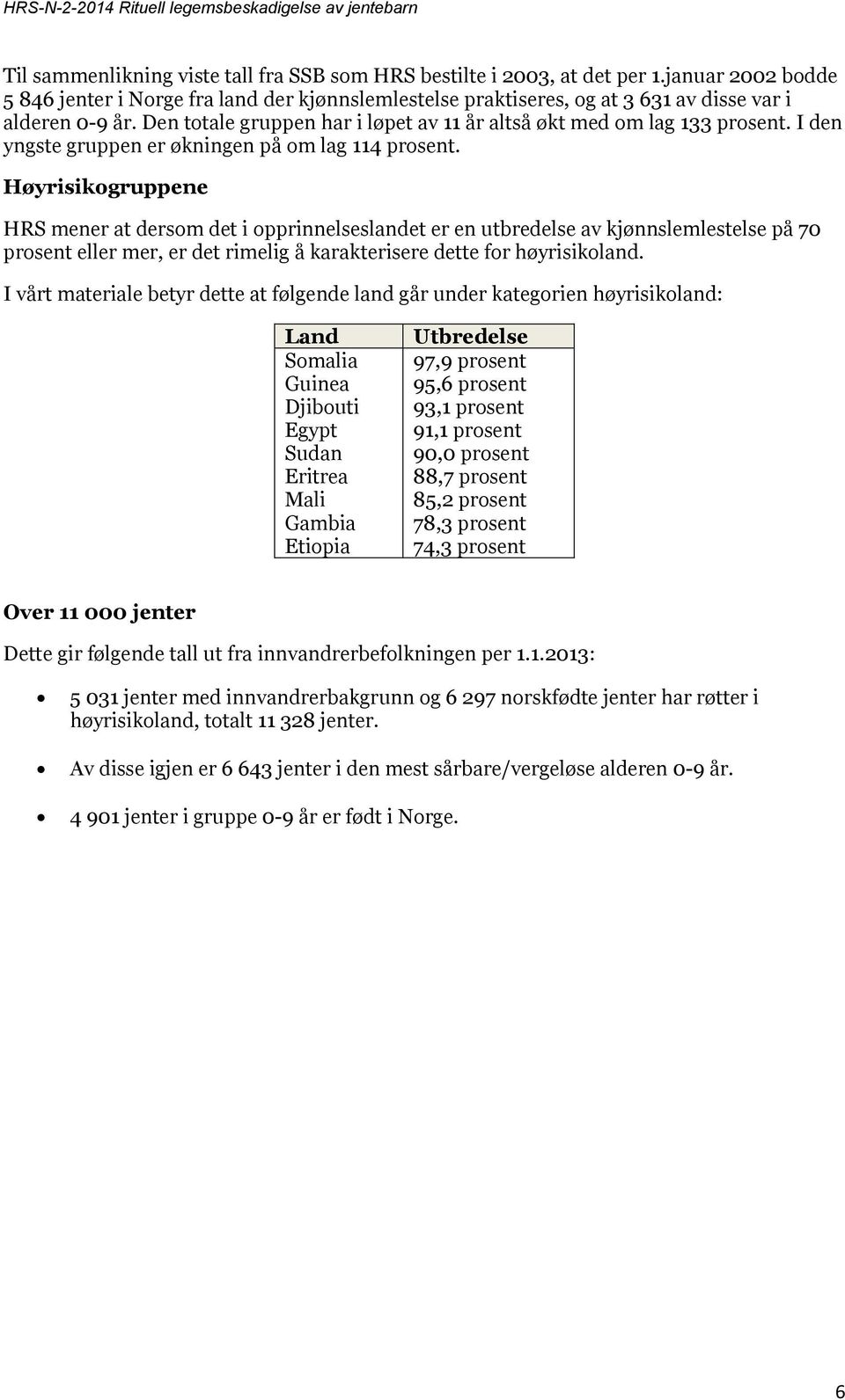 Høyrisikogruppene HRS mener at dersom det i opprinnelseslandet er en utbredelse av kjønnslemlestelse på 70 prosent eller mer, er det rimelig å karakterisere dette for høyrisikoland.