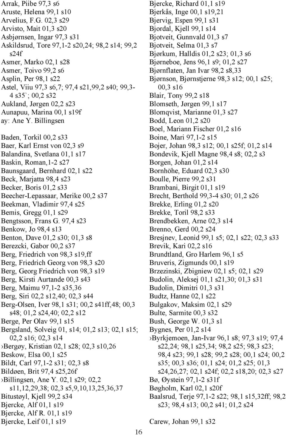 97,4 s21,99,2 s40; 99,3-4 s35`; 00,2 s32 Aukland, Jørgen 02,2 s23 Aunapuu, Marina 00,1 s19f ay: Ane Y.