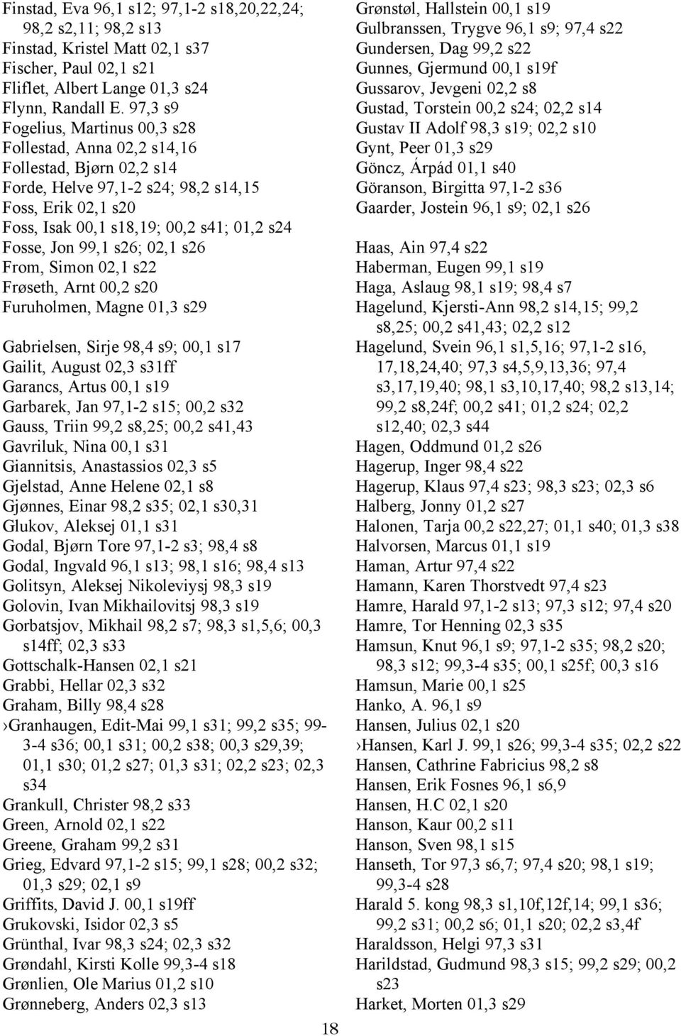 Jon 99,1 s26; 02,1 s26 From, Simon 02,1 s22 Frøseth, Arnt 00,2 s20 Furuholmen, Magne 01,3 s29 Gabrielsen, Sirje 98,4 s9; 00,1 s17 Gailit, August 02,3 s31ff Garancs, Artus 00,1 s19 Garbarek, Jan