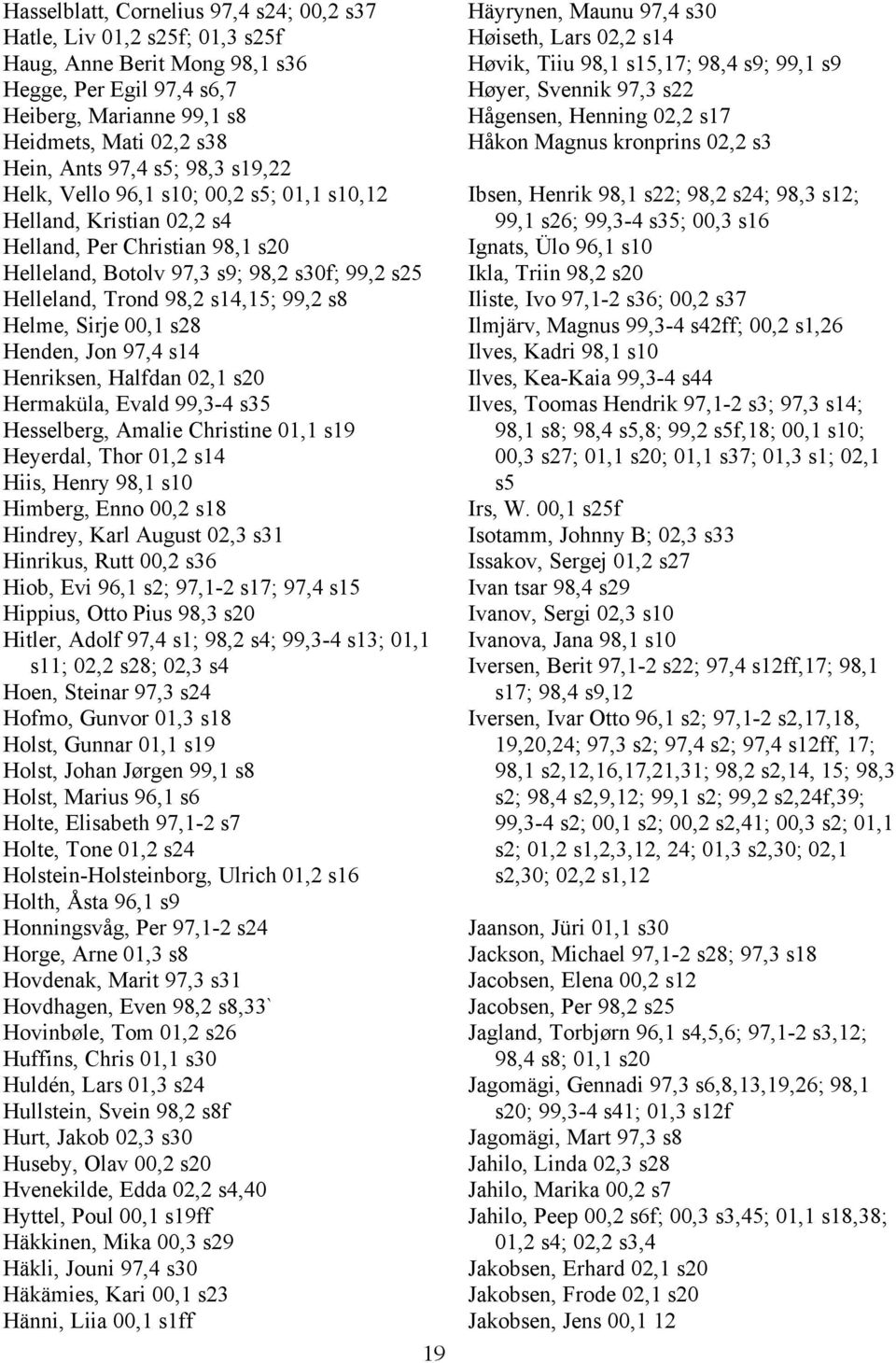 s8 Helme, Sirje 00,1 s28 Henden, Jon 97,4 s14 Henriksen, Halfdan 02,1 s20 Hermaküla, Evald 99,3-4 s35 Hesselberg, Amalie Christine 01,1 s19 Heyerdal, Thor 01,2 s14 Hiis, Henry 98,1 s10 Himberg, Enno