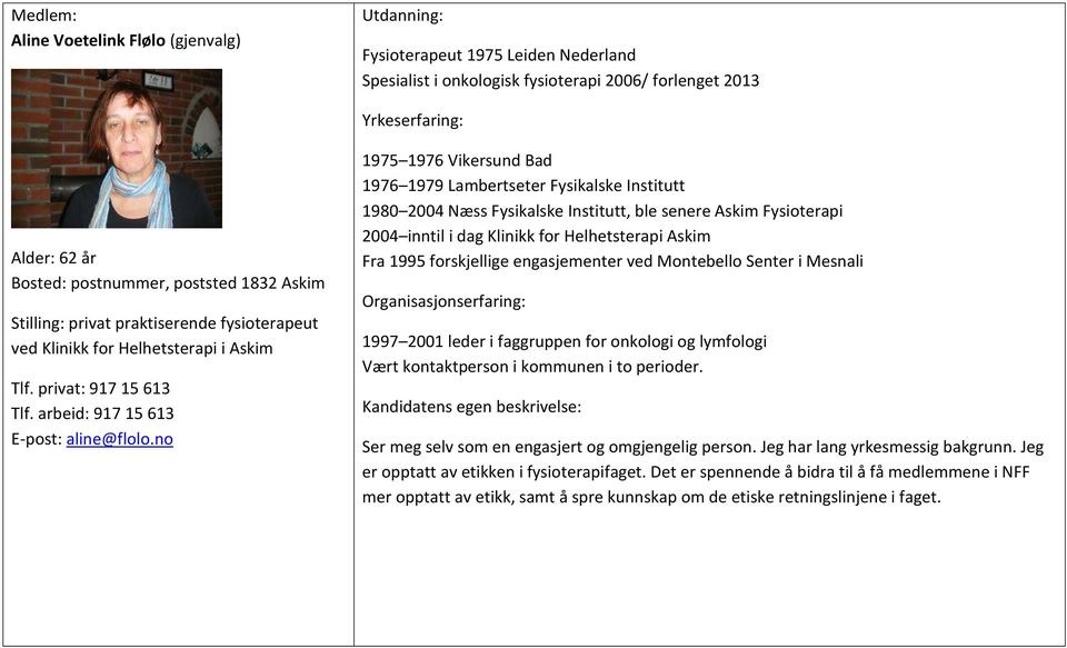 no 1975 1976 Vikersund Bad 1976 1979 Lambertseter Fysikalske Institutt 1980 2004 Næss Fysikalske Institutt, ble senere Askim Fysioterapi 2004 inntil i dag Klinikk for Helhetsterapi Askim Fra 1995