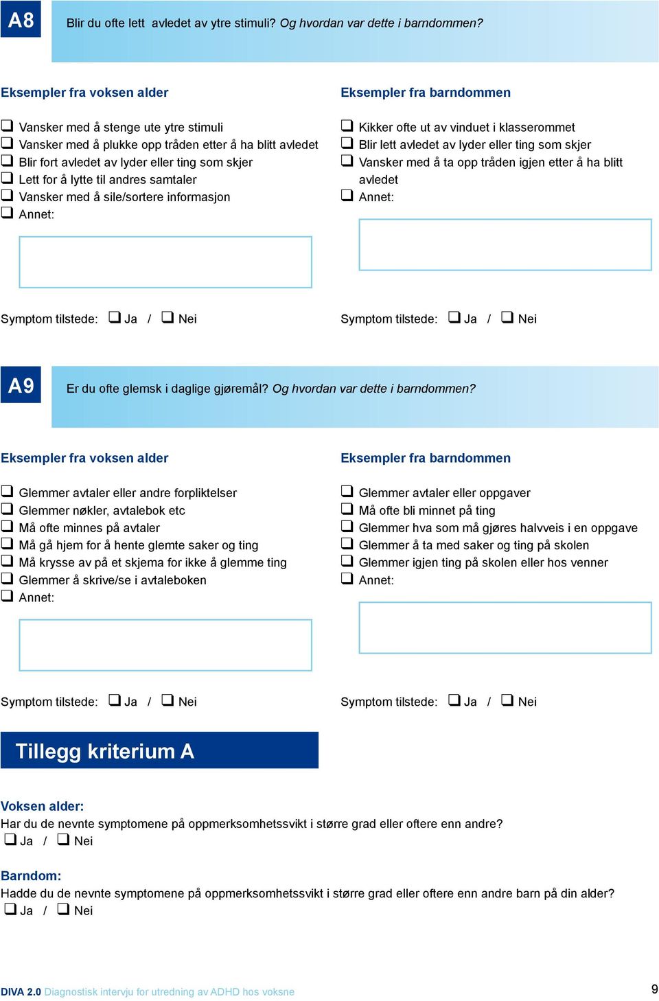 sile/sortere informasjon Kikker ofte ut av vinduet i klasserommet Blir lett avledet av lyder eller ting som skjer Vansker med å ta opp tråden igjen etter å ha blitt avledet A9 Er du ofte glemsk i