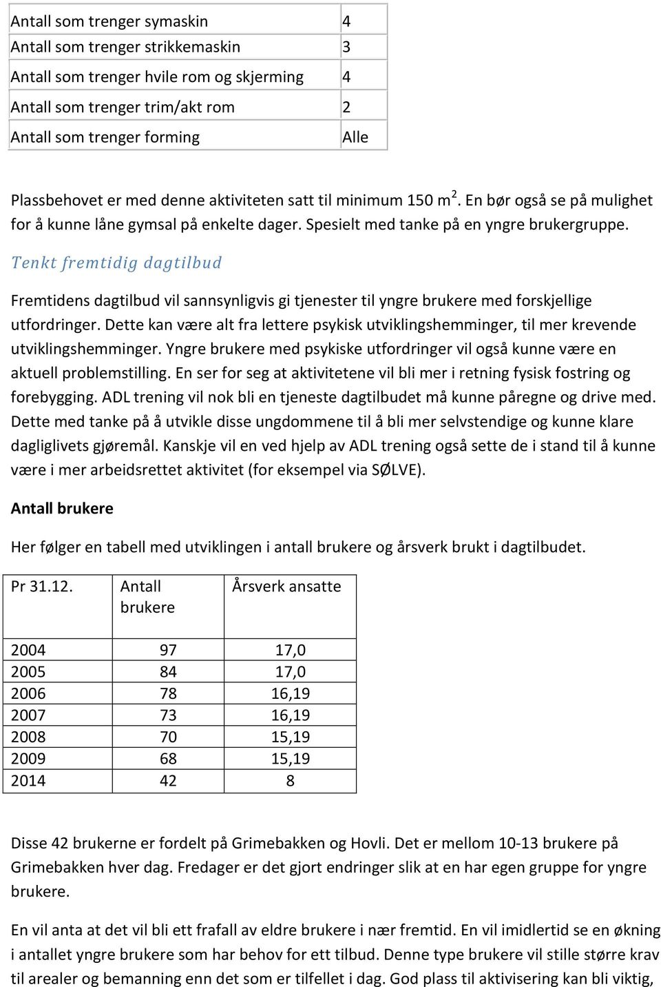 Tenkt fremtidig dagtilbud Fremtidens dagtilbud vil sannsynligvis gi tjenester til yngre brukere med forskjellige utfordringer.