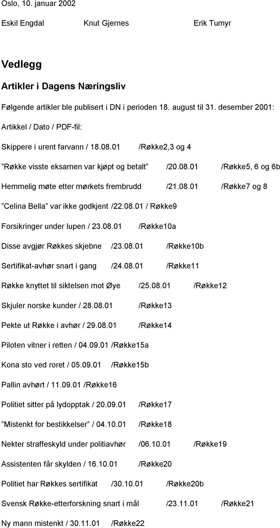 08.01 /Røkke7 og 8 Celina Bella var ikke godkjent /22.08.01 / Røkke9 Forsikringer under lupen / 23.08.01 /Røkke10a Disse avgjør Røkkes skjebne /23.08.01 /Røkke10b Sertifikat-avhør snart i gang /24.08.01 /Røkke11 Røkke knyttet til siktelsen mot Øye /25.