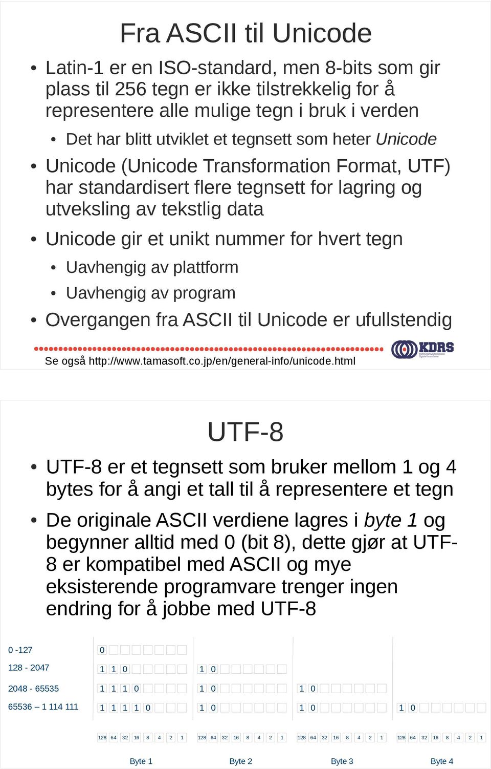 plattform Uavhengig av program Overgangen fra ASCII til Unicode er ufullstendig Se også http://www.tamasoft.co.jp/en/general-info/unicode.