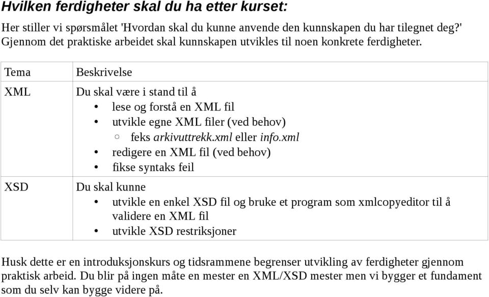 Tema XML XSD Beskrivelse Du skal være i stand til å lese og forstå en XML fil utvikle egne XML filer (ved behov) feks arkivuttrekk.xml eller info.