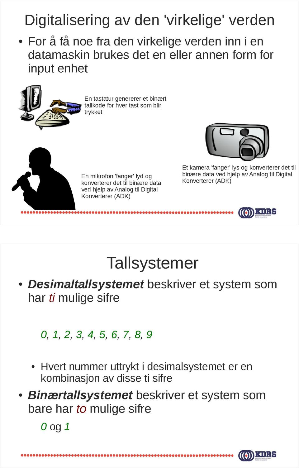 'fanger' lys og konverterer det til binære data ved hjelp av Analog til Digital Konverterer (ADK) Tallsystemer Desimaltallsystemet beskriver et system som har ti mulige