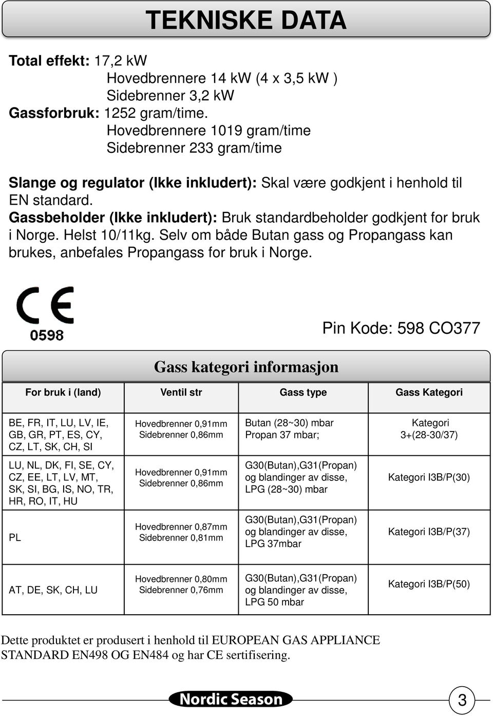 Gassbeholder (Ikke inkludert): Bruk standardbeholder godkjent for bruk i Norge. Helst 10/11kg. Selv om både Butan gass og Propangass kan brukes, anbefales Propangass for bruk i Norge.
