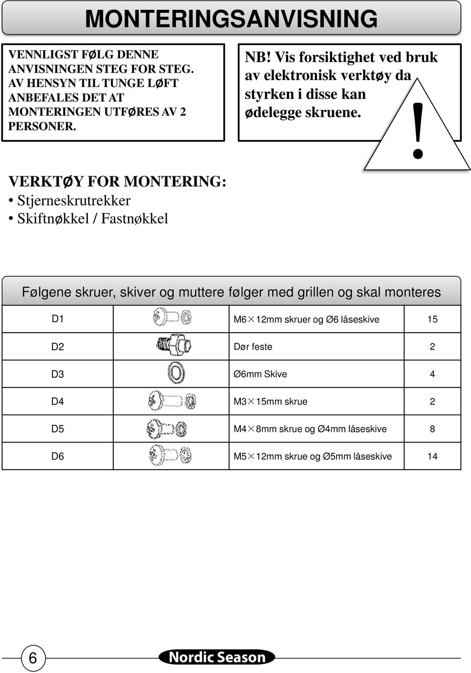 Vis forsiktighet ved bruk av elektronisk verktøy da styrken i disse kan! ødelegge skruene.