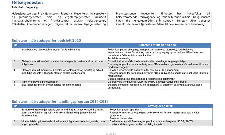 Enheten har hovedfokus på helsefremmende, forbyggende og rehabiliterende arbeid. Tidlig innsats innen alle tjenesteområder står sentralt.