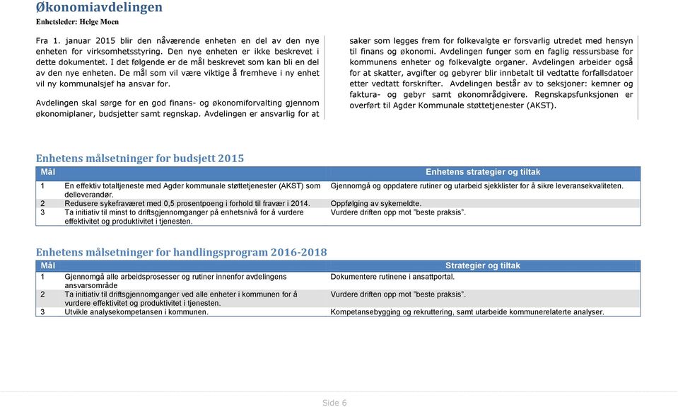 Avdelingen skal sørge for en god finans- og økonomiforvalting gjennom økonomiplaner, budsjetter samt regnskap.