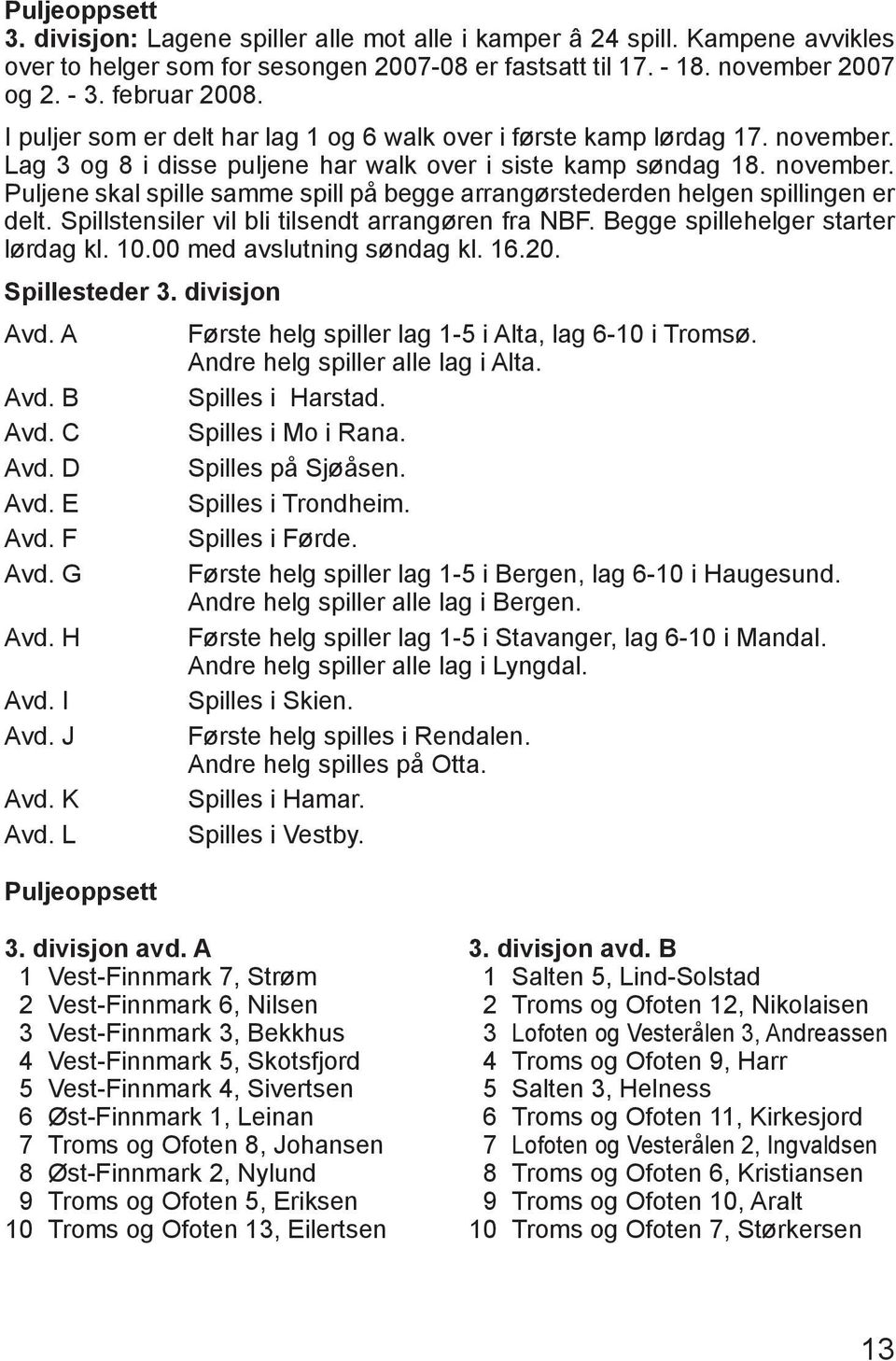 Spillstensiler vil bli tilsendt arrangøren fra NBF. Begge spillehelger starter lørdag kl. 10.00 med avslutning søndag kl. 16.20. Spillesteder 3. divisjon Avd.