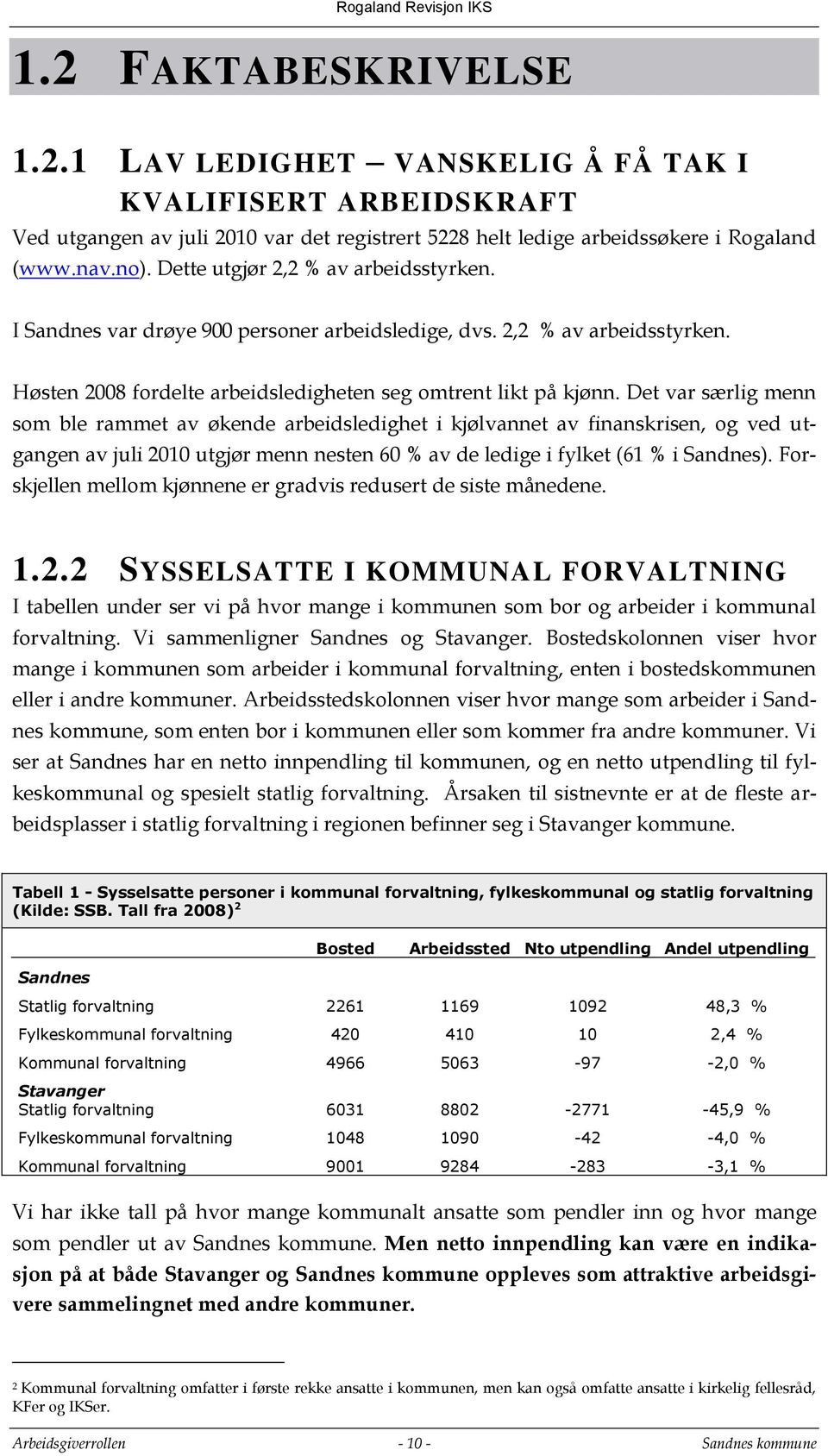 Det var særlig menn som ble rammet av økende arbeidsledighet i kjølvannet av finanskrisen, og ved utgangen av juli 2010 utgjør menn nesten 60 % av de ledige i fylket (61 % i Sandnes).