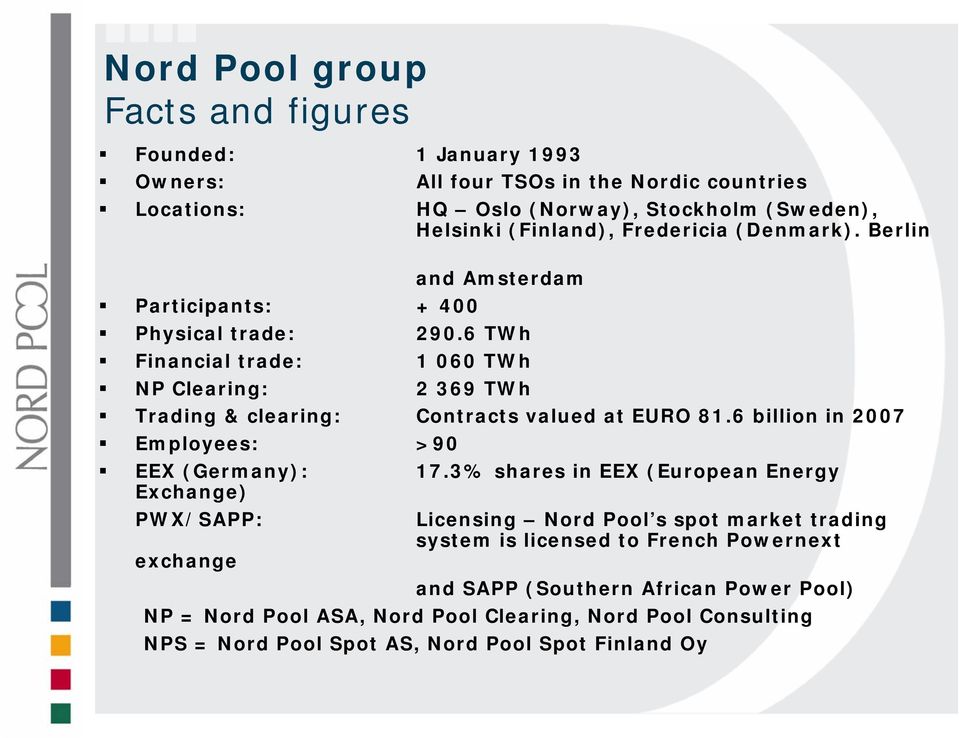 6 TWh Financial trade: 1 060 TWh NP Clearing: 2 369 TWh Trading & clearing: Contracts valued at EURO 81.6 billion in 2007 Employees: >90 EEX (Germany): 17.