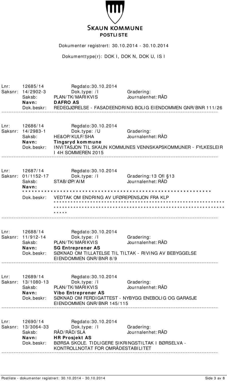 2014 Saksnr: 01/1152-17 Dok.type: /I Gradering:13 Ofl 13 Saksb: STAB/ØP/AIM Journalenhet:RÅD VEDTAK OM ENDRING AV UFØREPENSJON FRA KLP Lnr: 12688/14 Regdato:30.10.2014 Saksnr: 11/912-14 Dok.