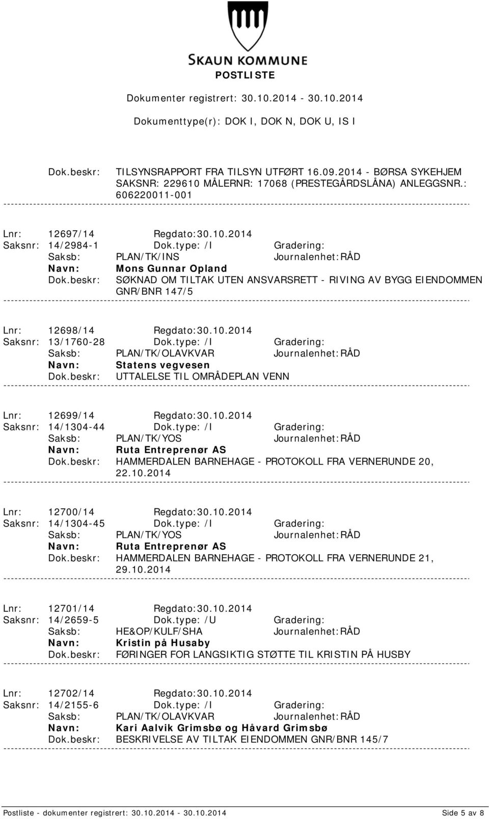 type: /I Gradering: Statens vegvesen UTTALELSE TIL OMRÅDEPLAN VENN Lnr: 12699/14 Regdato:30.10.2014 Saksnr: 14/1304-44 Dok.